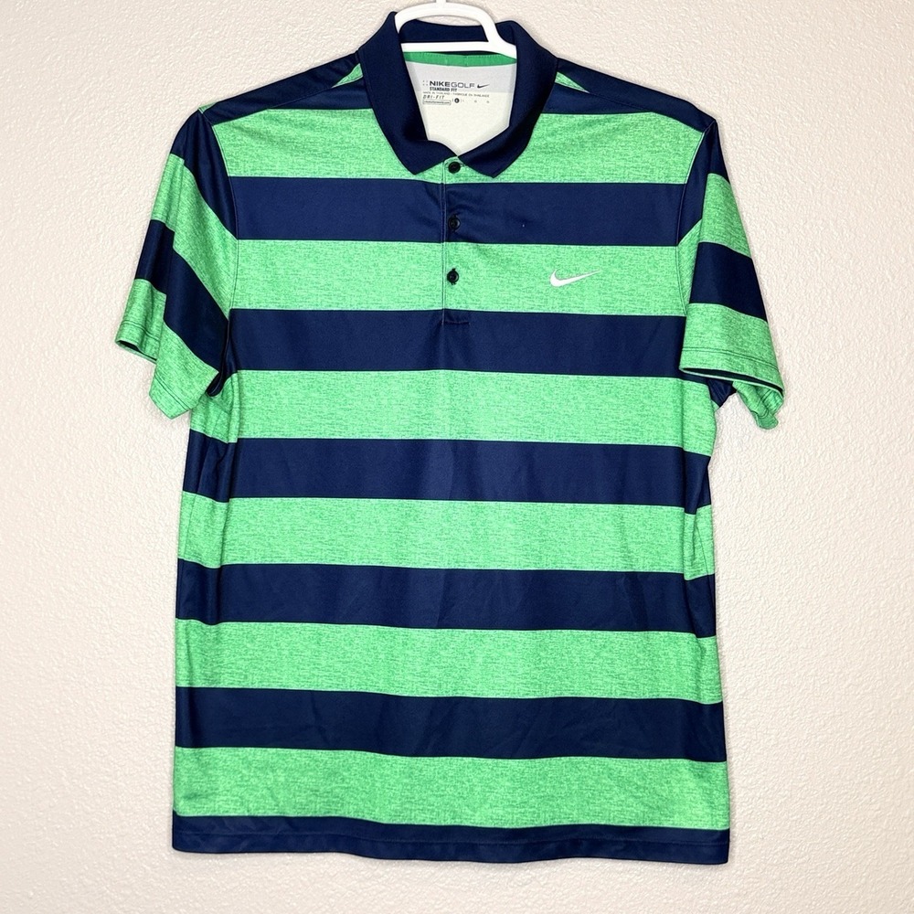 Nike‎ Golf Dri Fit Polo Shirt Mens Large Green Blue Stripe Athletic Casual
